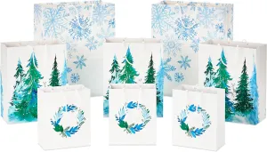 Hallmark Christmas Gift Bags - White with Wreaths, Snowflakes and Trees (8 Recyclable Bags: 3 Small 6", 3 Medium 9", 2 Large 13") for Holiday Parties, Hanukkah, Winter Weddings