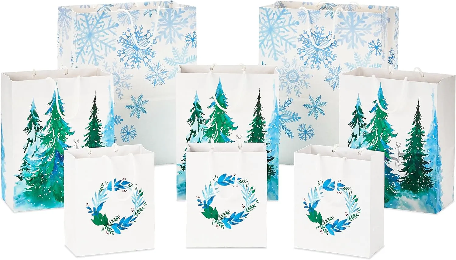 Hallmark Christmas Gift Bags - White with Wreaths, Snowflakes and Trees (8 Recyclable Bags: 3 Small 6", 3 Medium 9", 2 Large 13") for Holiday Parties, Hanukkah, Winter Weddings