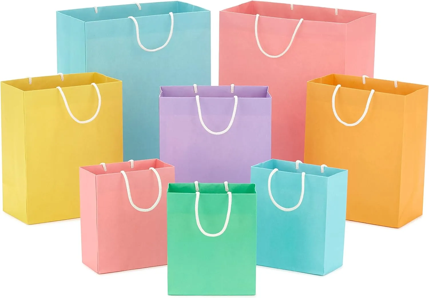 Hallmark Recyclable Gift Bag Assortment (8 Bags: 3 Small 6", 3 Medium 9", 2 Large 13") Pastel Blue, Pink, Yellow, Purple, Orange, Green for Birthdays, Easter, Baby Gifts, Bridal Showers