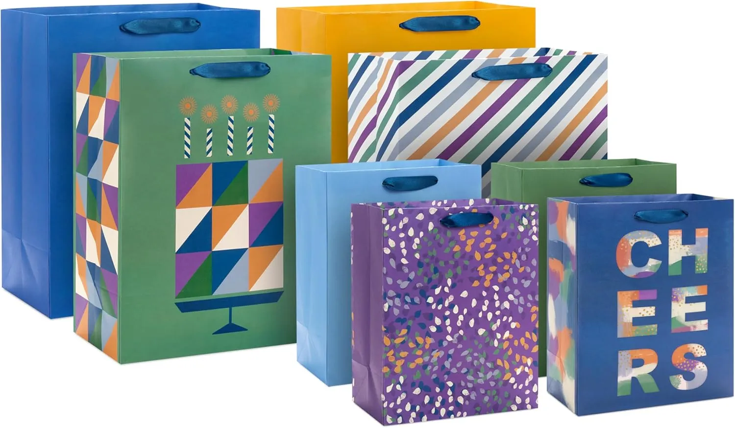 Hallmark Solid Gift Bag Assortment (8 Bags: 4 Medium 9", 4 Large 13") Blue, Green, Orange, Cheers, Stripes