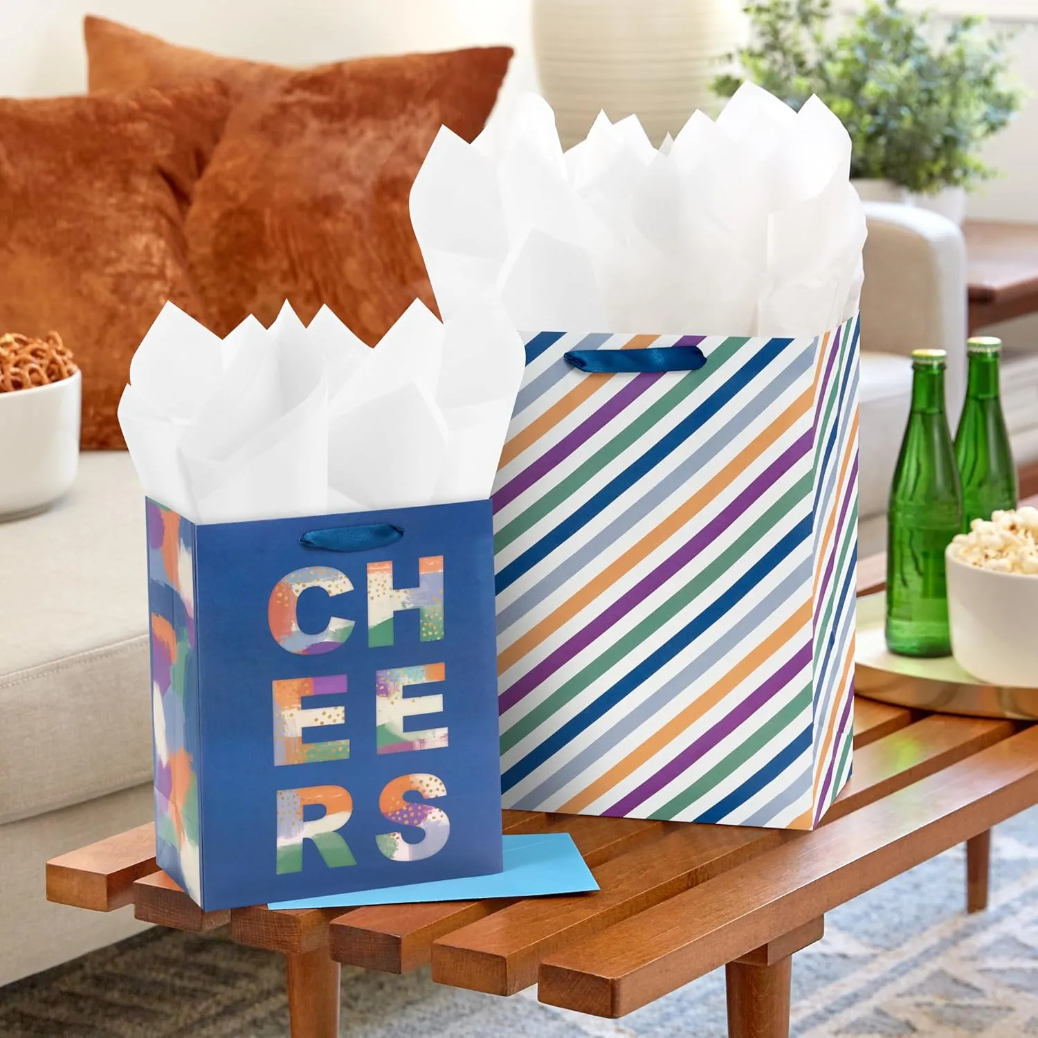 Hallmark Solid Gift Bag Assortment (8 Bags: 4 Medium 9", 4 Large 13") Blue, Green, Orange, Cheers, Stripes