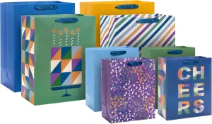 Hallmark Solid Gift Bag Assortment (8 Bags: 4 Medium 9", 4 Large 13") Blue, Green, Orange, Cheers, Stripes