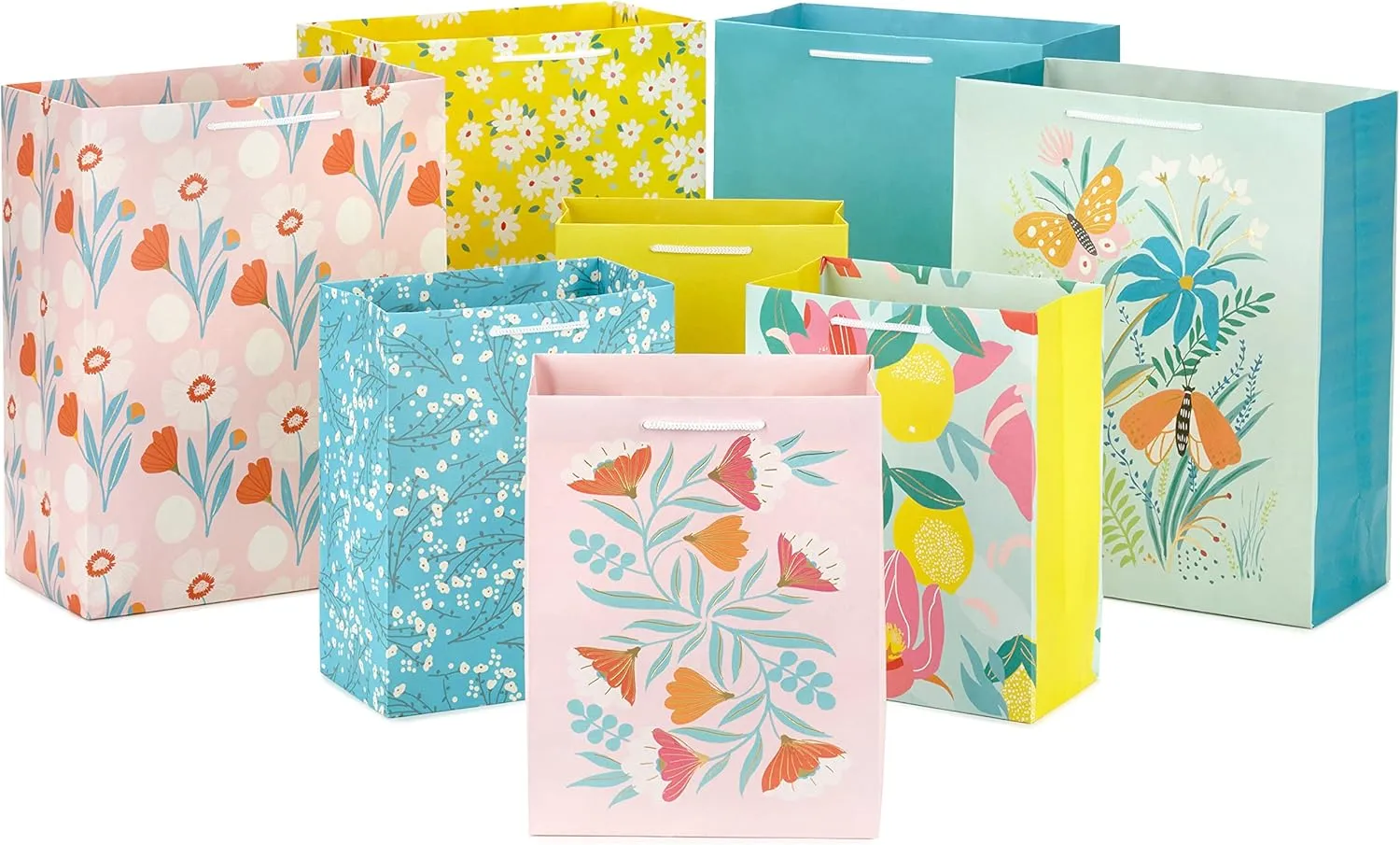 Hallmark Spring Gift Bags in Assorted Sizes (8 Bags: 4 Medium 9", 4 Large 13") Florals, Lemons, Teal, Pink and Yellow for Easter, Birthdays, Mother's Day, Bridal Showers