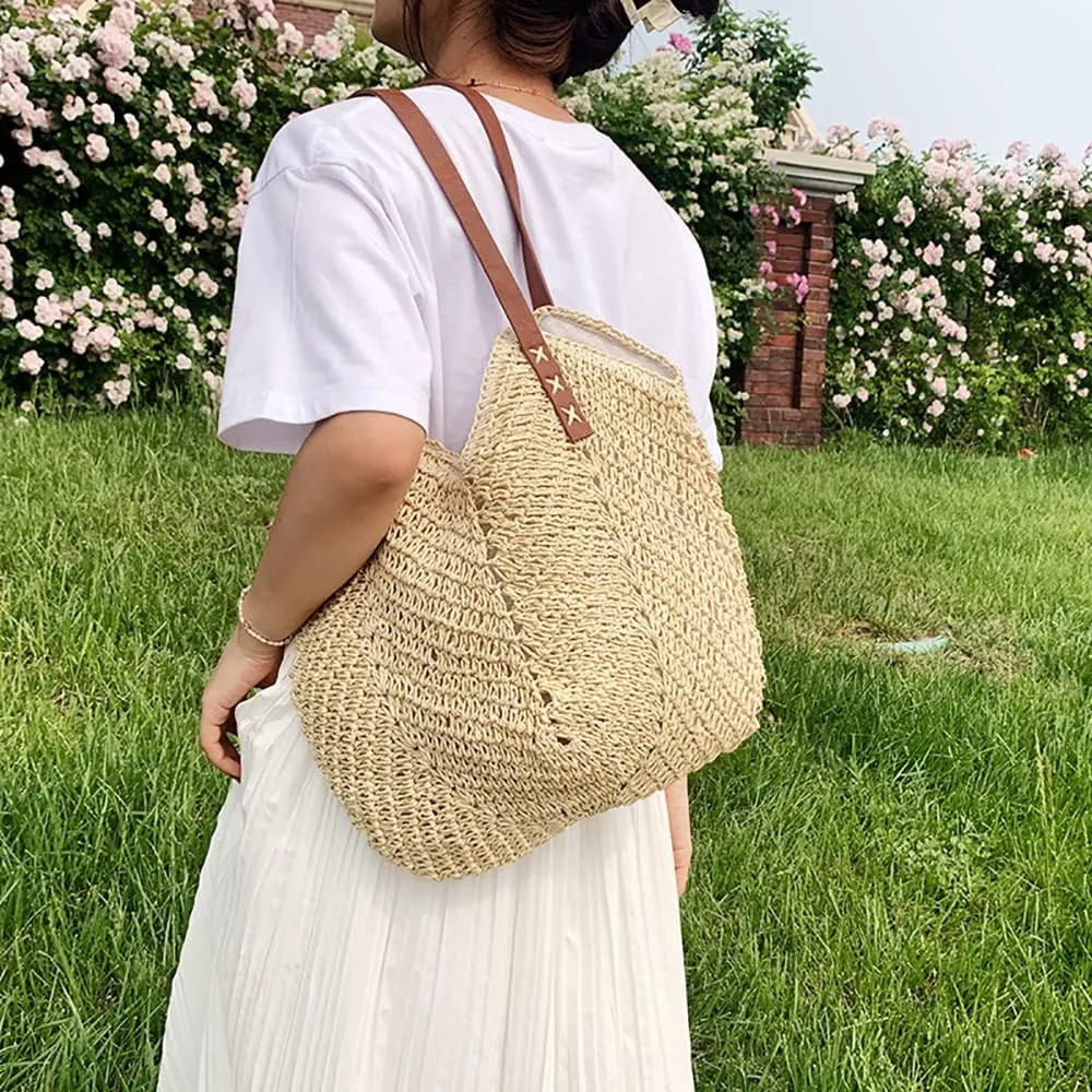 Hand-woven Soft Large Straw Shoulder Bag Retro Boho Tote Bags Summer Beach Bag Rattan Handbag