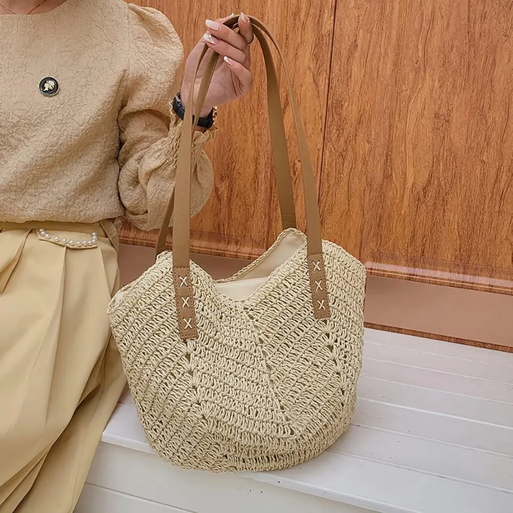 Hand-woven Soft Large Straw Shoulder Bag Retro Boho Tote Bags Summer Beach Bag Rattan Handbag