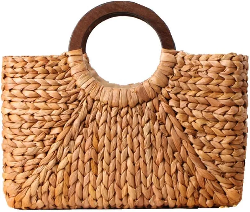 Hand-woven Straw Large Hobo Bag for Women Round Handle Ring Toto Retro Summer Beach Straw Bag (brown)