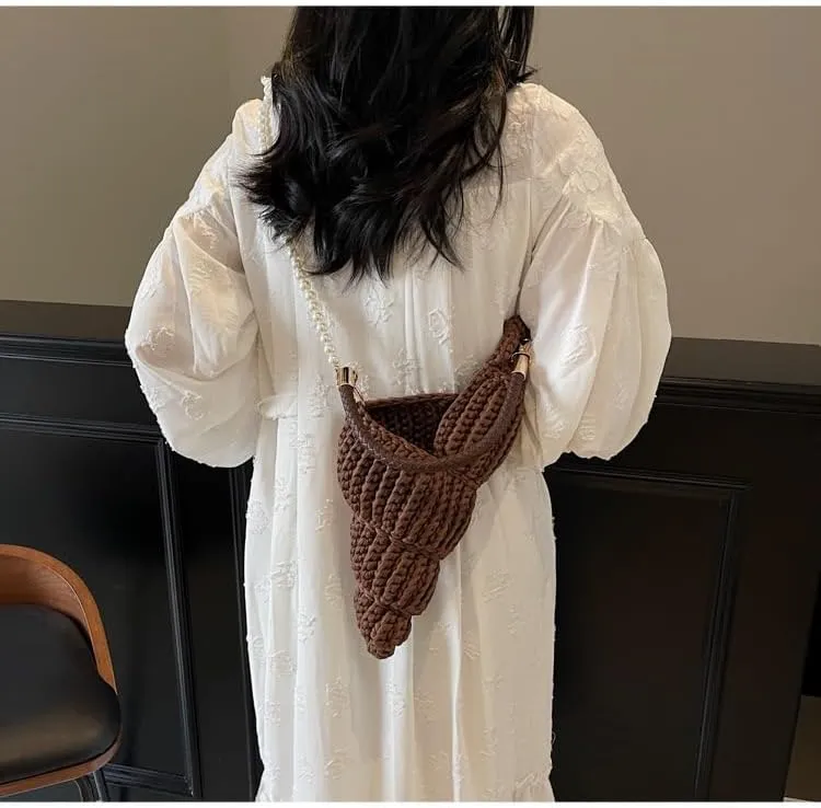 Handwoven Fashion Seashell Bag - Stylish & Unique Boho Clutch with Pearl Strap, Leather Handle & Premium Hardware
