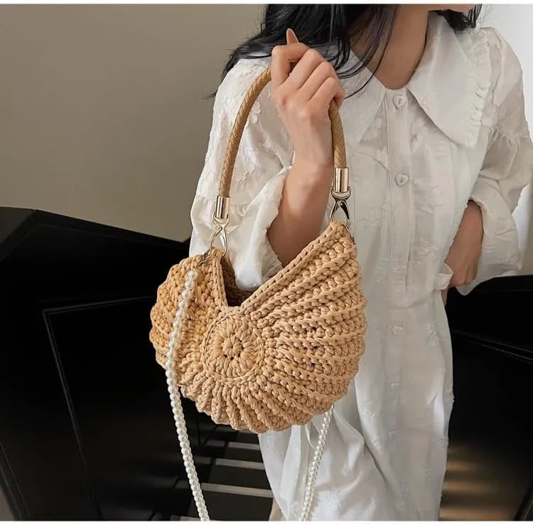 Handwoven Fashion Seashell Bag Stylish & Unique Boho Clutch with Pearl Strap Leather Handle & Premium Hardware