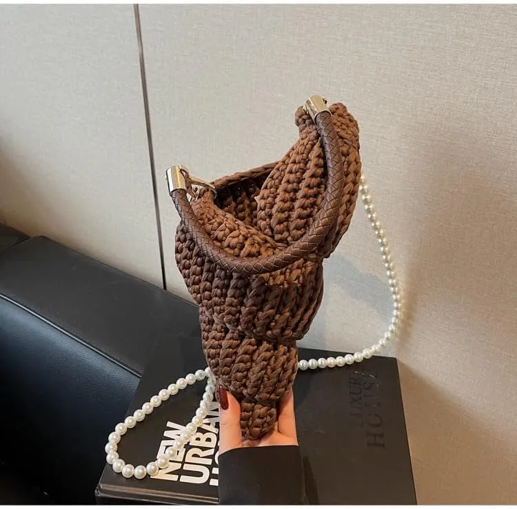 Handwoven Fashion Seashell Bag - Stylish & Unique Boho Clutch with Pearl Strap, Leather Handle & Premium Hardware