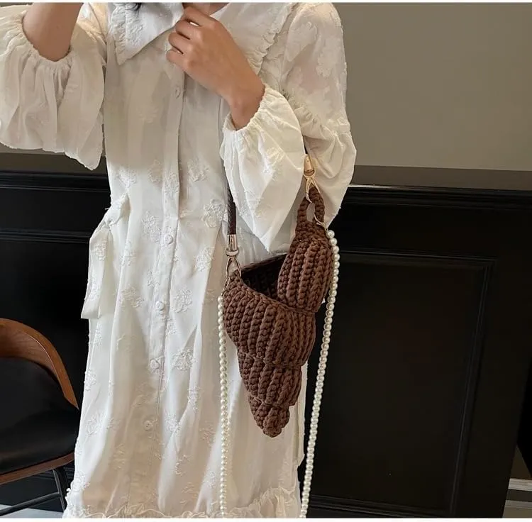 Handwoven Fashion Seashell Bag - Stylish & Unique Boho Clutch with Pearl Strap, Leather Handle & Premium Hardware