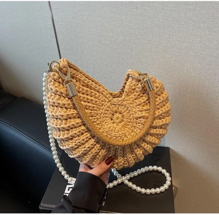 Handwoven Fashion Seashell Bag Stylish & Unique Boho Clutch with Pearl Strap Leather Handle & Premium Hardware