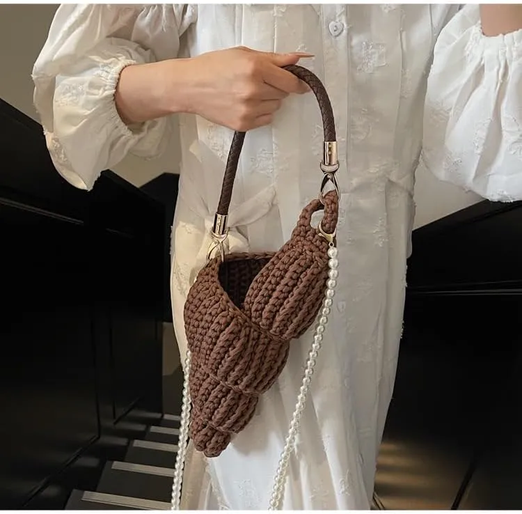 Handwoven Fashion Seashell Bag - Stylish & Unique Boho Clutch with Pearl Strap, Leather Handle & Premium Hardware