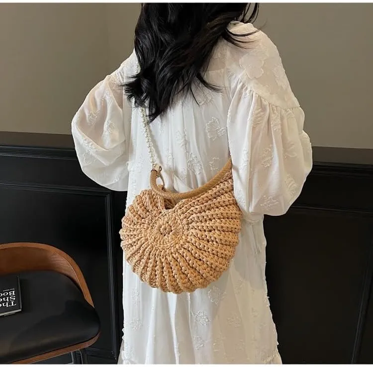 Handwoven Fashion Seashell Bag Stylish & Unique Boho Clutch with Pearl Strap Leather Handle & Premium Hardware