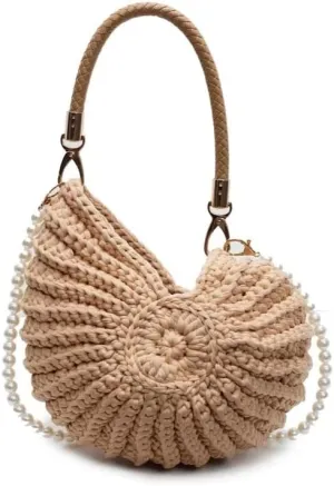 Handwoven Fashion Seashell Bag Stylish & Unique Boho Clutch with Pearl Strap Leather Handle & Premium Hardware
