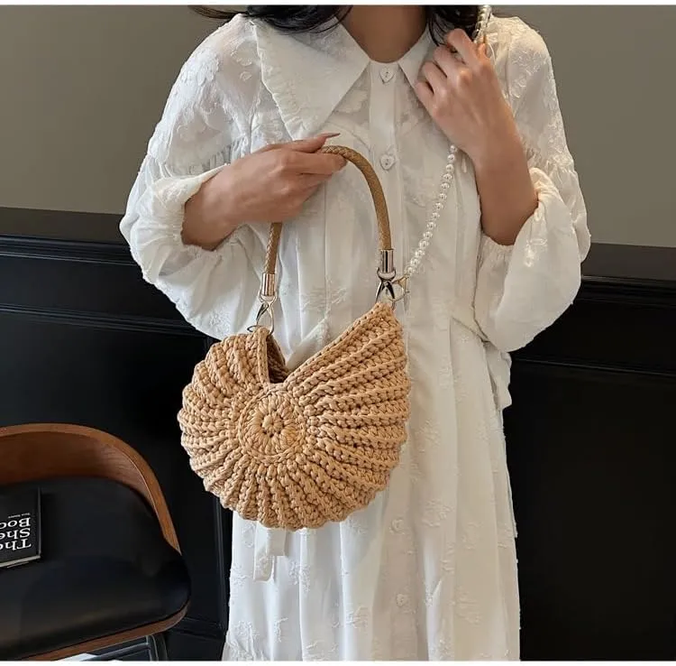 Handwoven Fashion Seashell Bag Stylish & Unique Boho Clutch with Pearl Strap Leather Handle & Premium Hardware