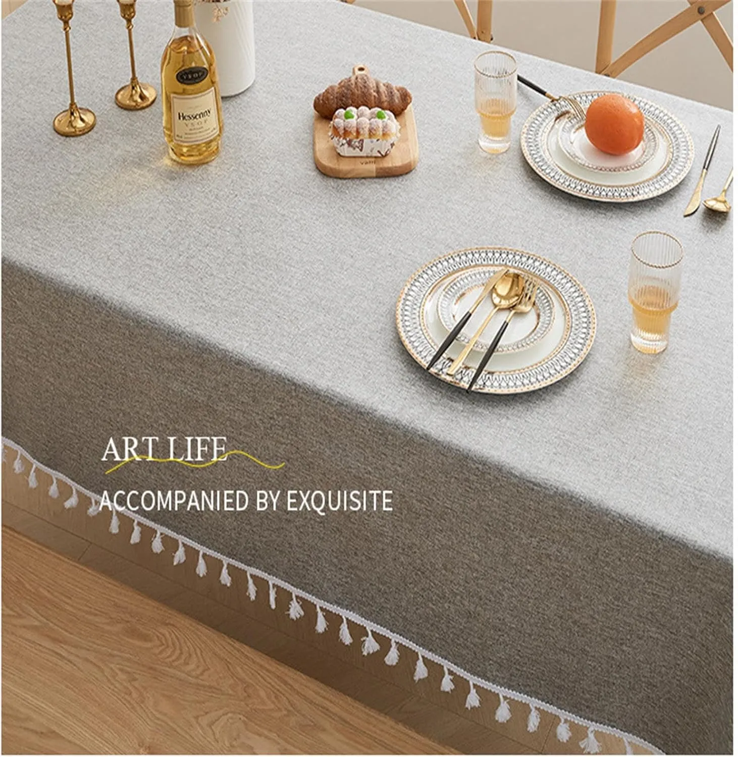 HANNE Faux Linen Rectangle Tablecloth Soft Burlap Linen Tablecloth for Rectangle Tables Wrinkle Free and Waterproof Table Cloth Rustic with Tassels for Outdoor,Kitchen, Banquets,Grey 55X70