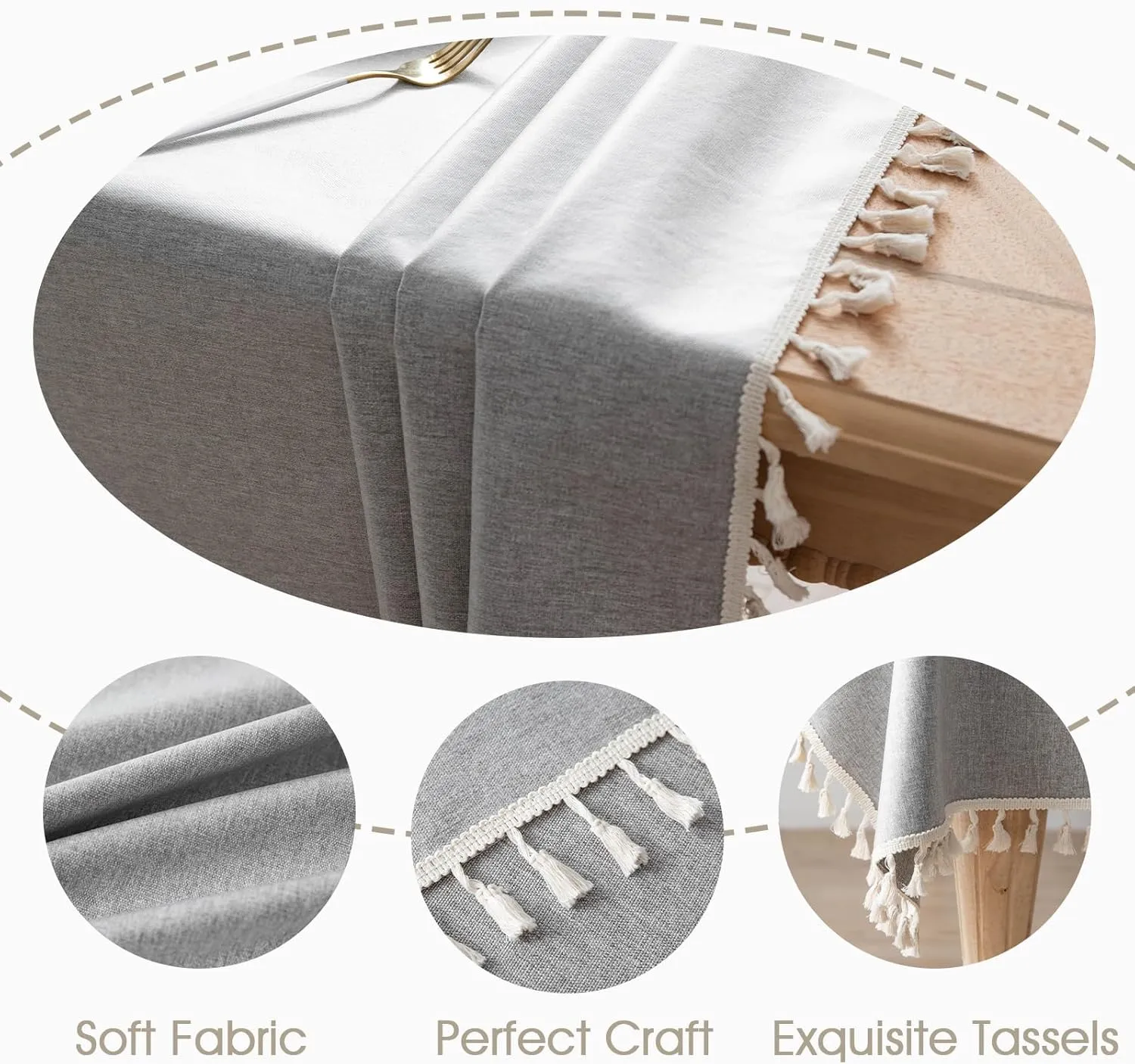 HANNE Faux Linen Rectangle Tablecloth Soft Burlap Linen Tablecloth for Rectangle Tables Wrinkle Free and Waterproof Table Cloth Rustic with Tassels for Outdoor,Kitchen, Banquets,Grey 55X70