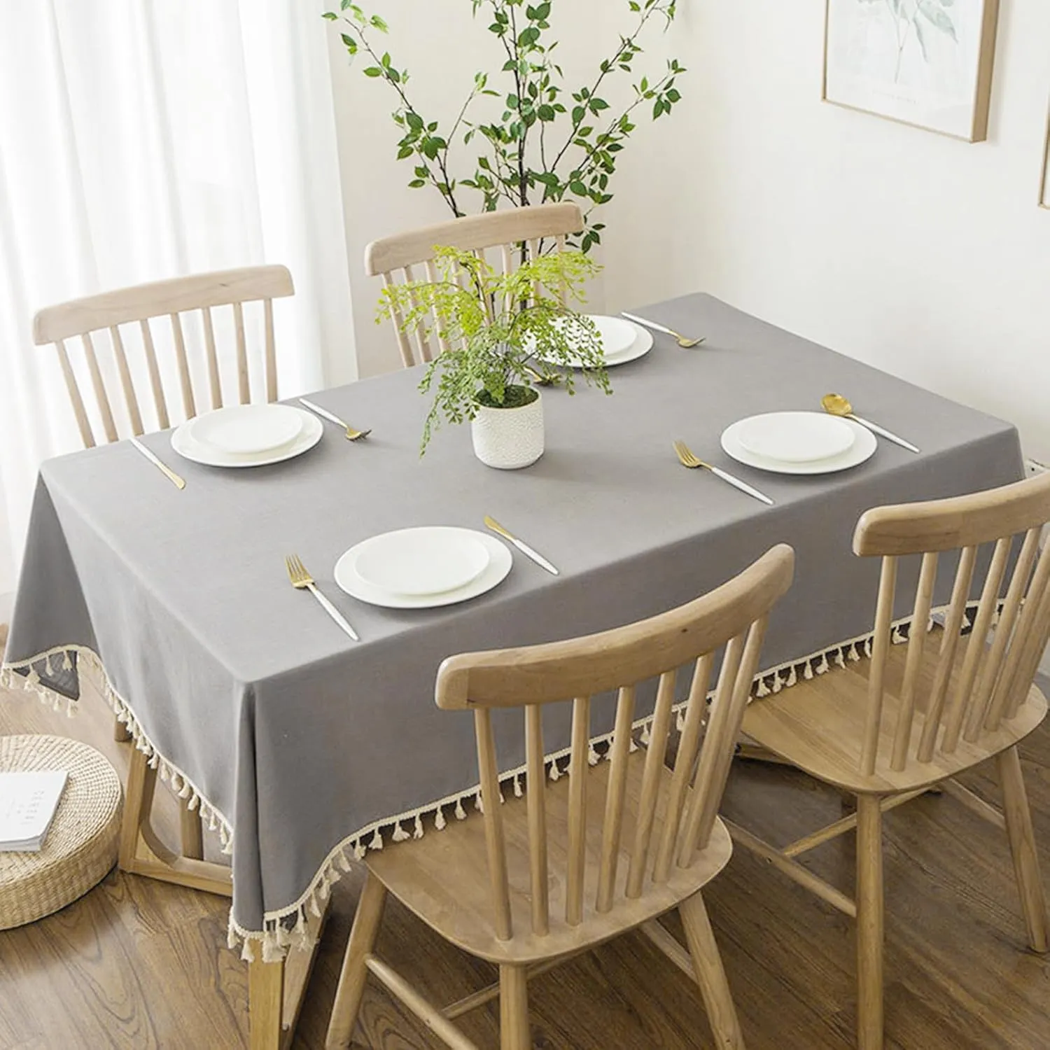 HANNE Faux Linen Rectangle Tablecloth Soft Burlap Linen Tablecloth for Rectangle Tables Wrinkle Free and Waterproof Table Cloth Rustic with Tassels for Outdoor,Kitchen, Banquets,Grey 55X70