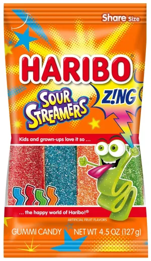 HARIBO Gummi Candy, Z!NG Sour Streamers Gummy Candy, 4.5 Ounce Share Size Bags (Pack of 12) Delicious Soft & Chewy Snacks, Assorted Fruity Flavors