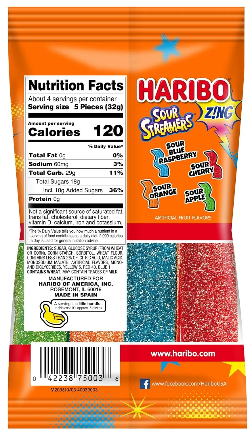 HARIBO Gummi Candy, Z!NG Sour Streamers Gummy Candy, 4.5 Ounce Share Size Bags (Pack of 12) Delicious Soft & Chewy Snacks, Assorted Fruity Flavors
