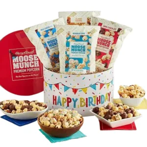Harry & David Moose Munch® Premium Popcorn Birthday Tin - 4 Bags (10Oz Each), Birthday Gift Basket, Movie Night Snacks, Popcorn Birthday Party