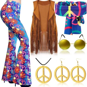 Haull 7 Pcs 60s 70s Outfits for Women Hippie Costume Set Boho Flared Pants Fringe Vest Peace Sign Accessories Set