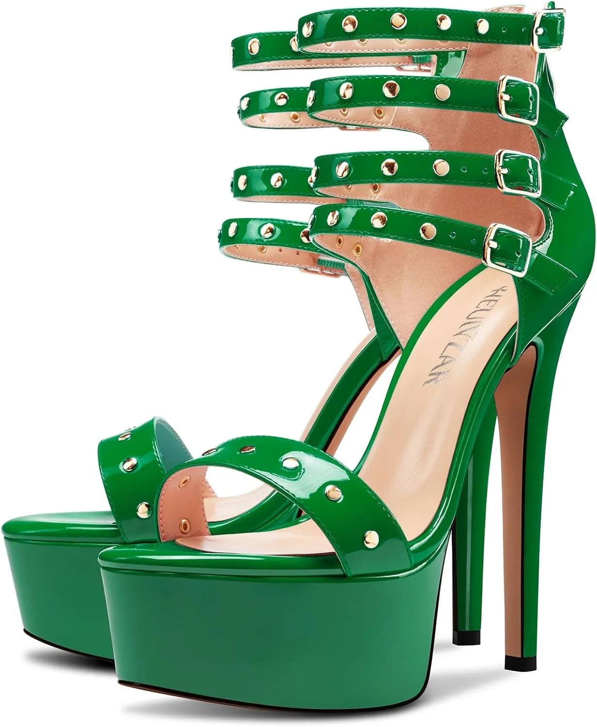 HEUIVZAR Womens Platform Stiletto High Heel Peep Open Toe Sandals Ankle Strap Zipper Buckle Party Gladiator Patent Leather Summer Shoes