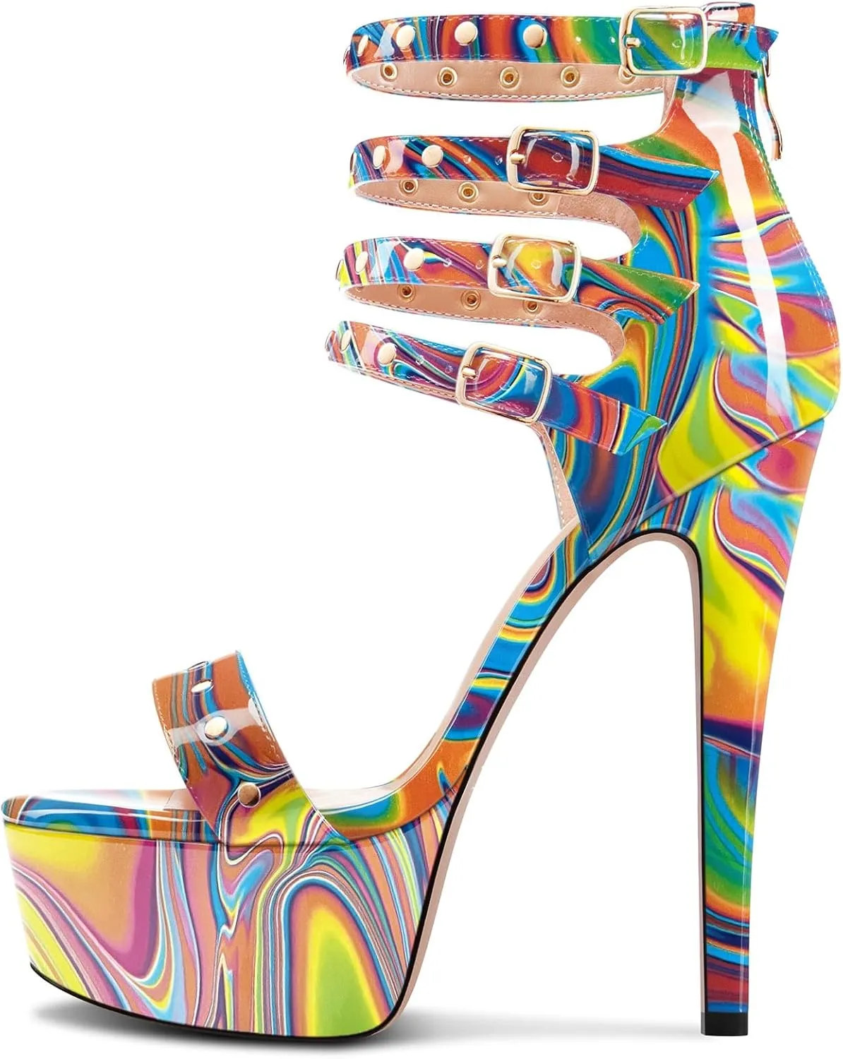 HEUIVZAR Womens Platform Stiletto High Heel Peep Open Toe Sandals Ankle Strap Zipper Buckle Party Gladiator Patent Leather Summer Shoes