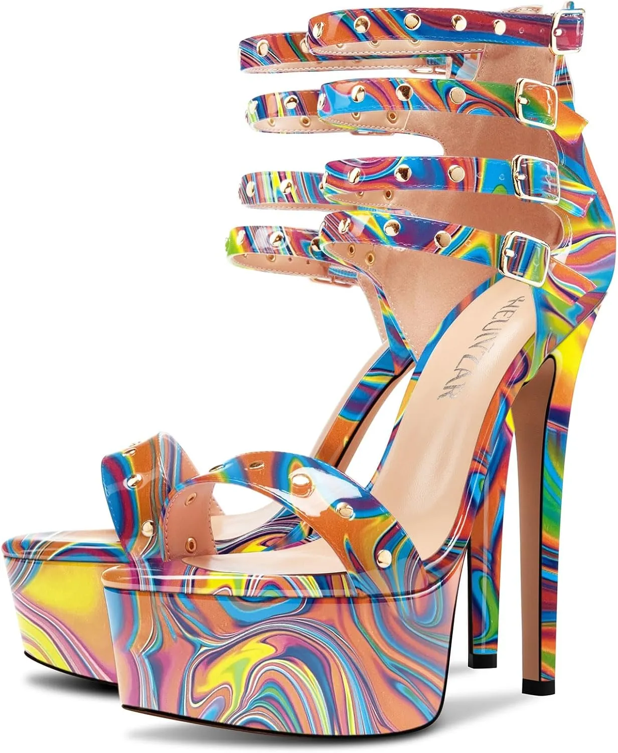 HEUIVZAR Womens Platform Stiletto High Heel Peep Open Toe Sandals Ankle Strap Zipper Buckle Party Gladiator Patent Leather Summer Shoes