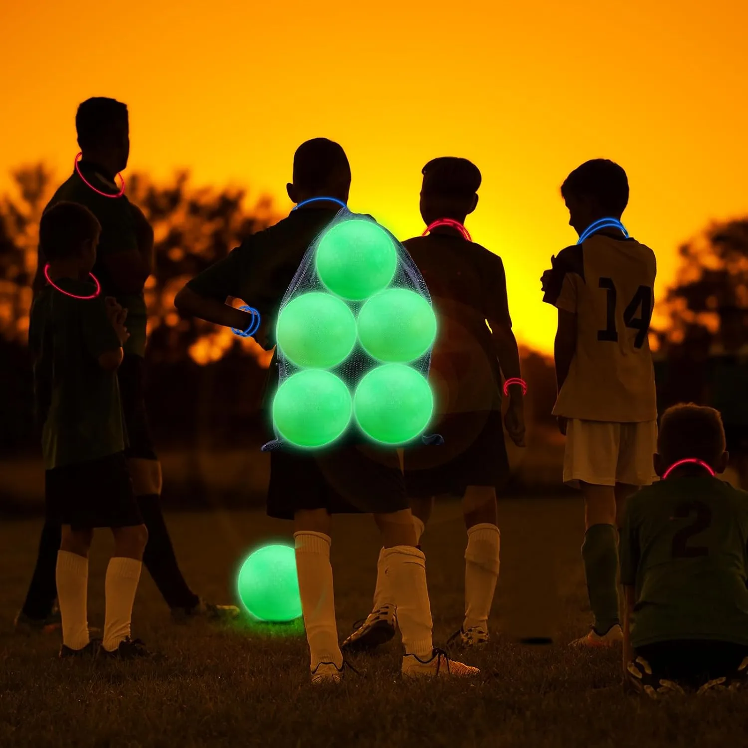 Hiboom 110 Pcs 10 Inch Glow in The Dark Kickballs Dodgeballs Set Includes 6 Pcs Playground Ball with Pump 100 Glow Sticks Storage Bag for Playground School Backyard Game Outdoor Indoor Games