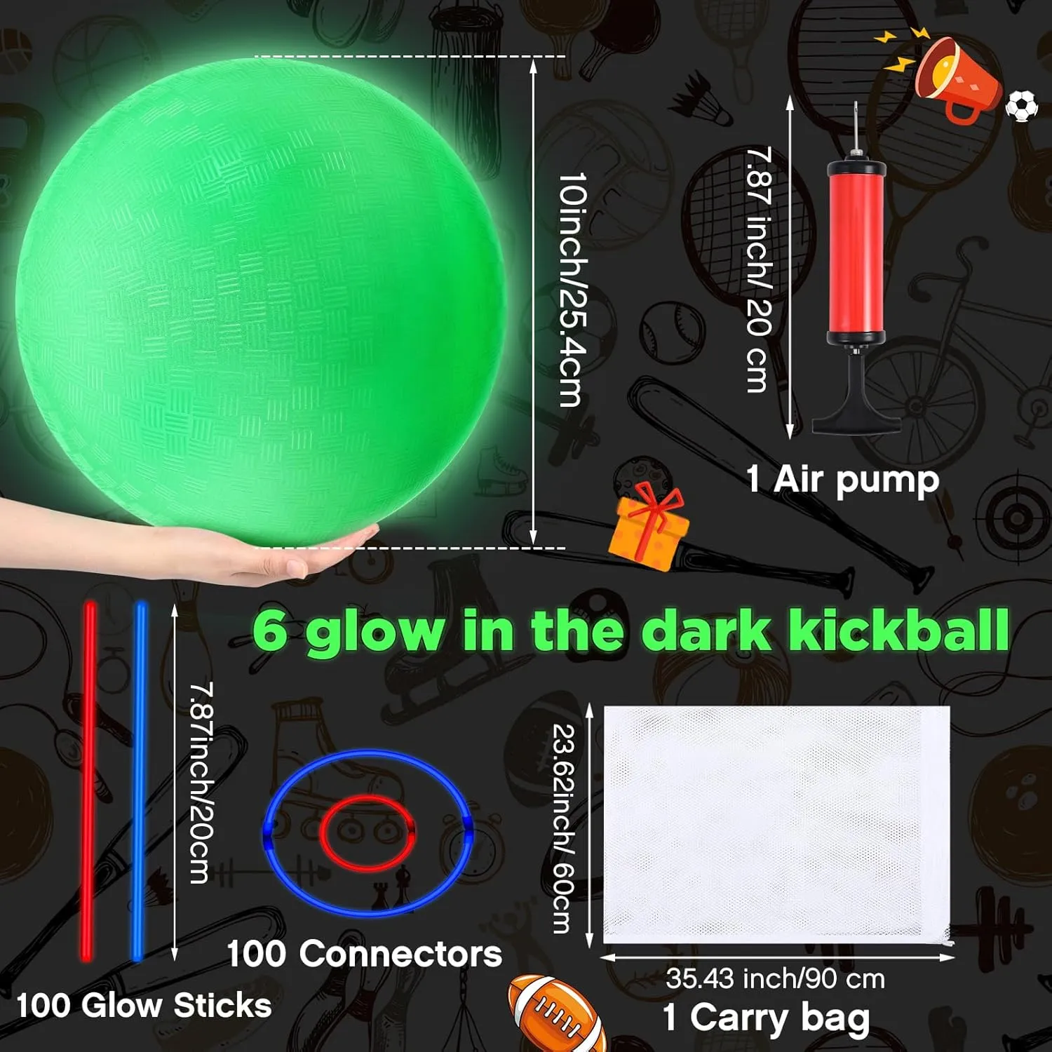 Hiboom 110 Pcs 10 Inch Glow in The Dark Kickballs Dodgeballs Set Includes 6 Pcs Playground Ball with Pump 100 Glow Sticks Storage Bag for Playground School Backyard Game Outdoor Indoor Games