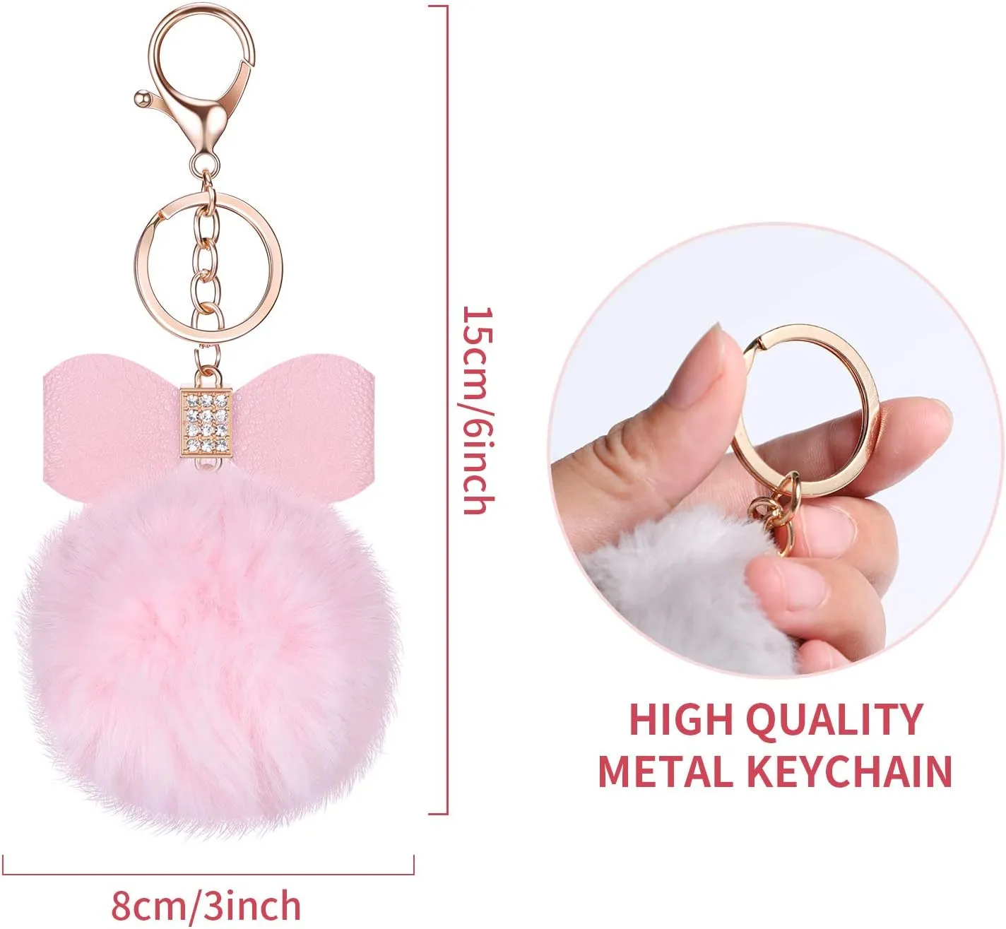 Hicarer 12 Pieces Fluffy Pom Pom Keychain Bulk Bow Rhinestone Faux Pompoms Keyring for Women Bags Craft, 12 Colors(Pastel Colors)