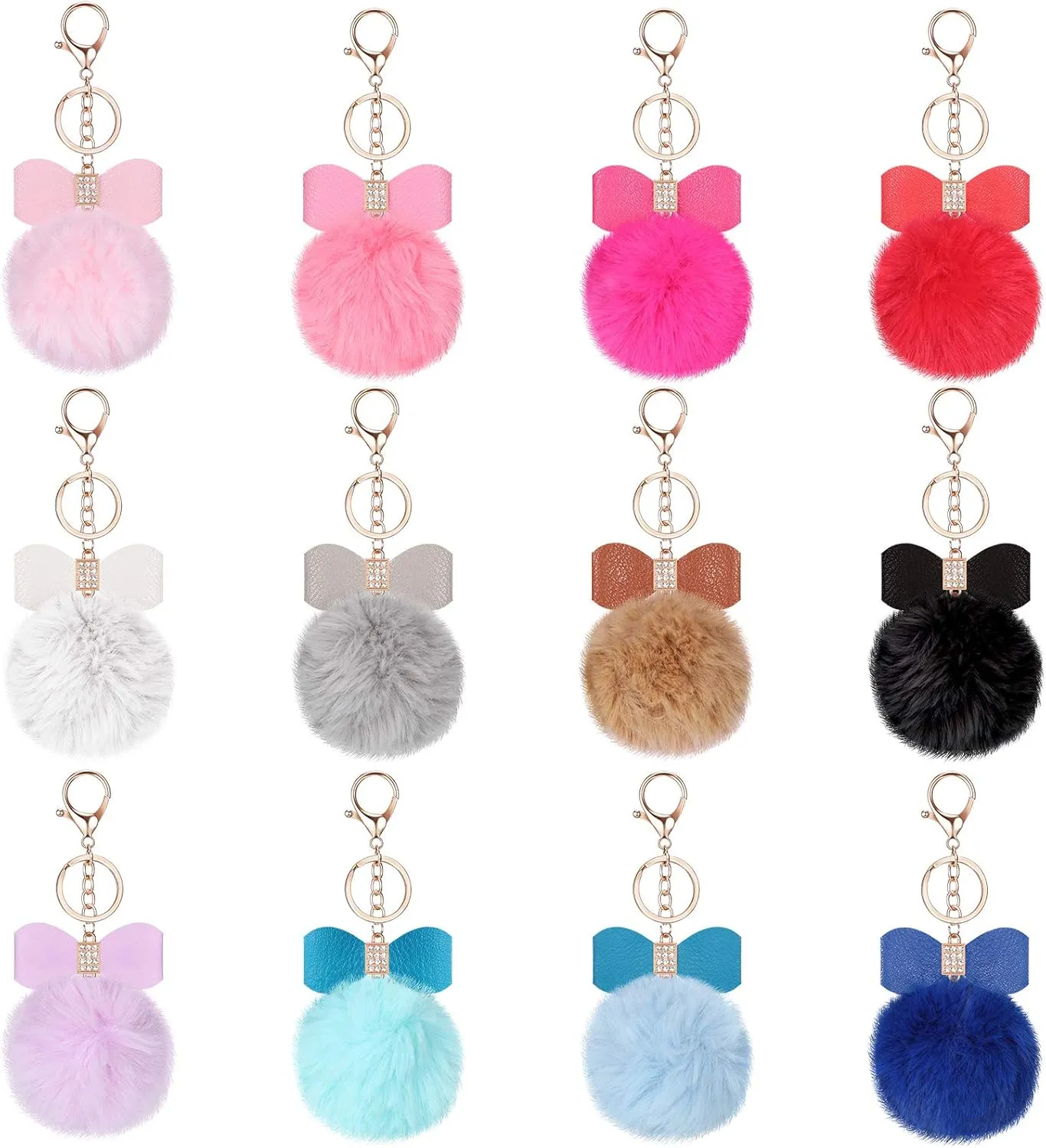Hicarer 12 Pieces Fluffy Pom Pom Keychain Bulk Bow Rhinestone Faux Pompoms Keyring for Women Bags Craft, 12 Colors(Pastel Colors)