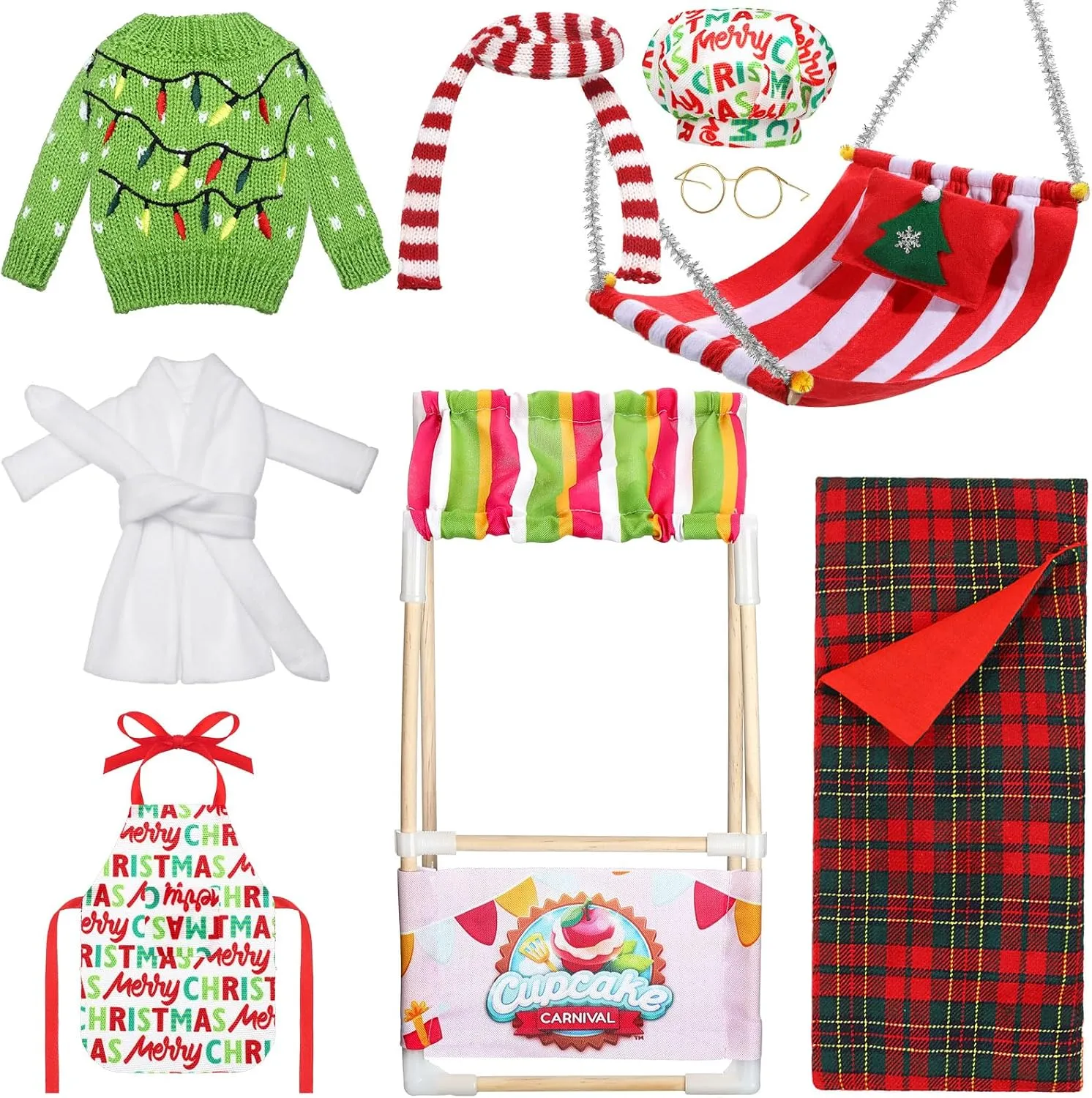 Hicarer 9 Pcs Christmas Doll Accessories Set with Donut Stall, Sleeping Bag, Sweater, Bathrobe, Apron, Chef Hat, Scarf, Glasses, Christmas Hammock Accessory for Doll Decorations