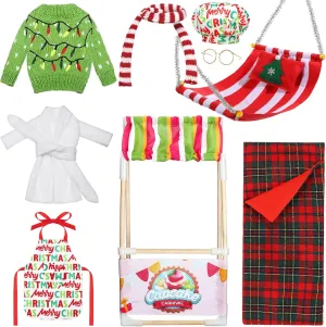 Hicarer 9 Pcs Christmas Doll Accessories Set with Donut Stall, Sleeping Bag, Sweater, Bathrobe, Apron, Chef Hat, Scarf, Glasses, Christmas Hammock Accessory for Doll Decorations