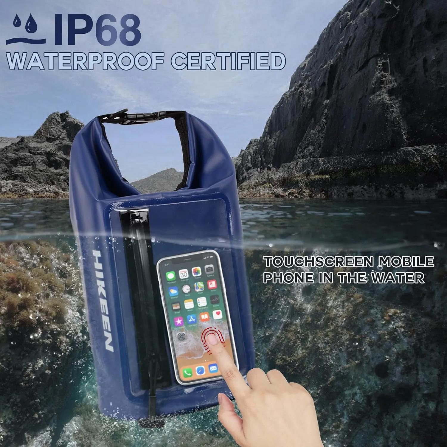 Hikeen IP68 Dry Bag Backpack Waterproof - Waterproof Zip Touch Screen Phone Case Keeps Gear Dry, Lightweight Roll Top Dry Bags Waterproof for Kayaking Boating Camping Beach Rafting with 3 D-Rings