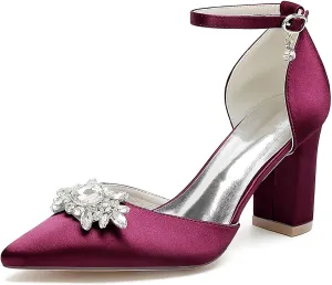 HNVAVQ Women's Satin Court Shoes Mid Heel Pointed Toe Bridal Pumps Ankle Strap Sparkly Rhinestone Elegant Dress Shoes for Wedding,Bride,Bridesmaid,Party