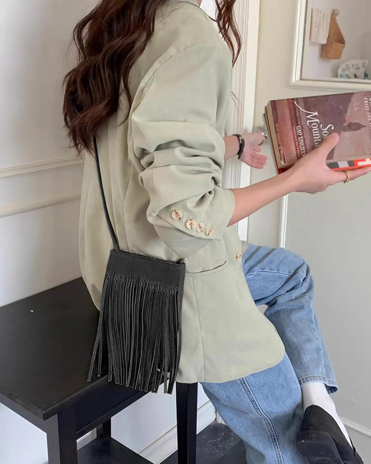 Hoce Women’s Leather Fringe Messenger Bag Large Hobo Crossbody Tassel Shoulder Bags, Gift for Mom Wife Girlfriend
