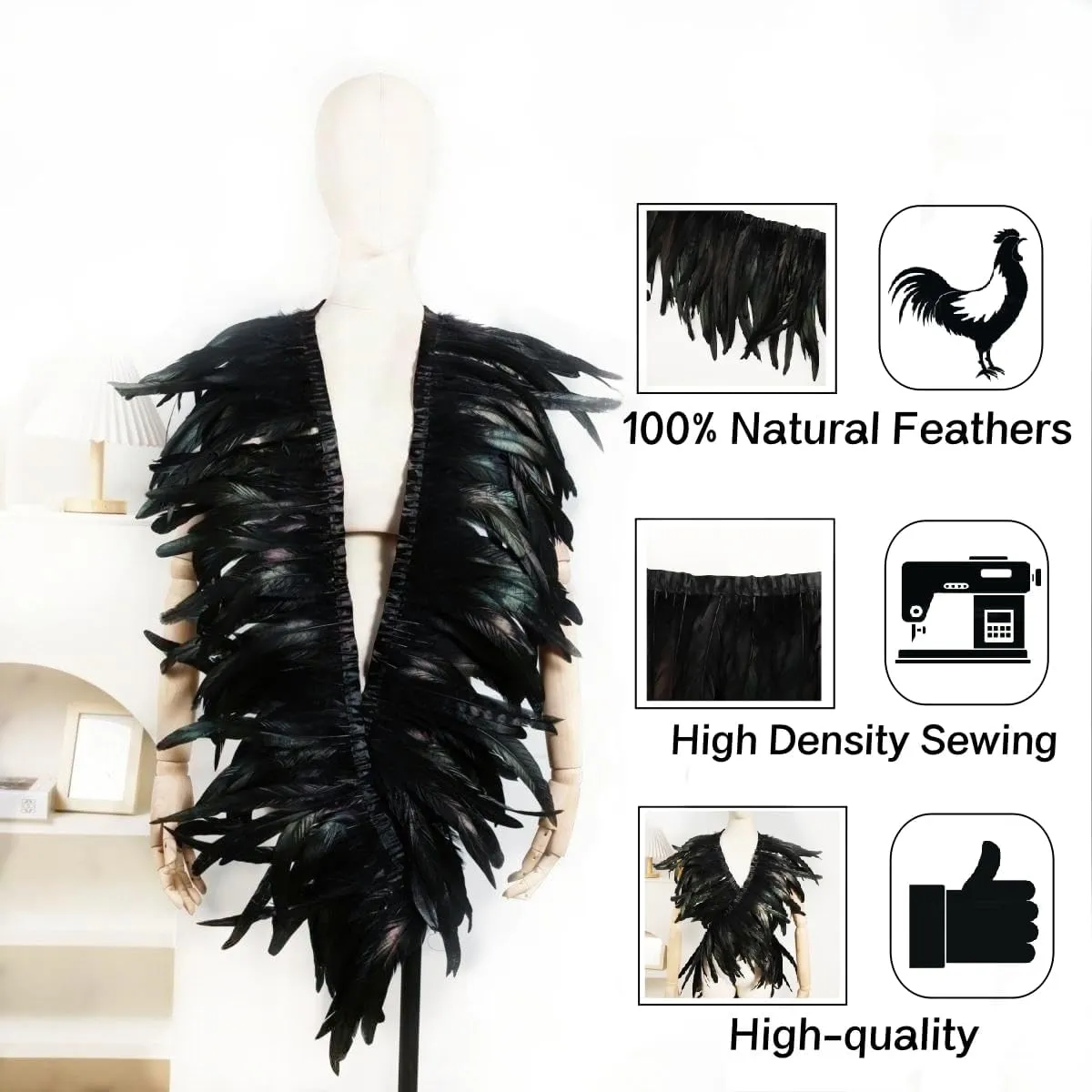 Holmgren Black Rooster Feather Trim - 10-12inch 2 Yards Natural Large Rooster Tail Feathers Fringe Trim for DIY Sewing Crafts, Feather Dress, Cape Shawl, Wings, Halloween Costumes Decoration (Black)
