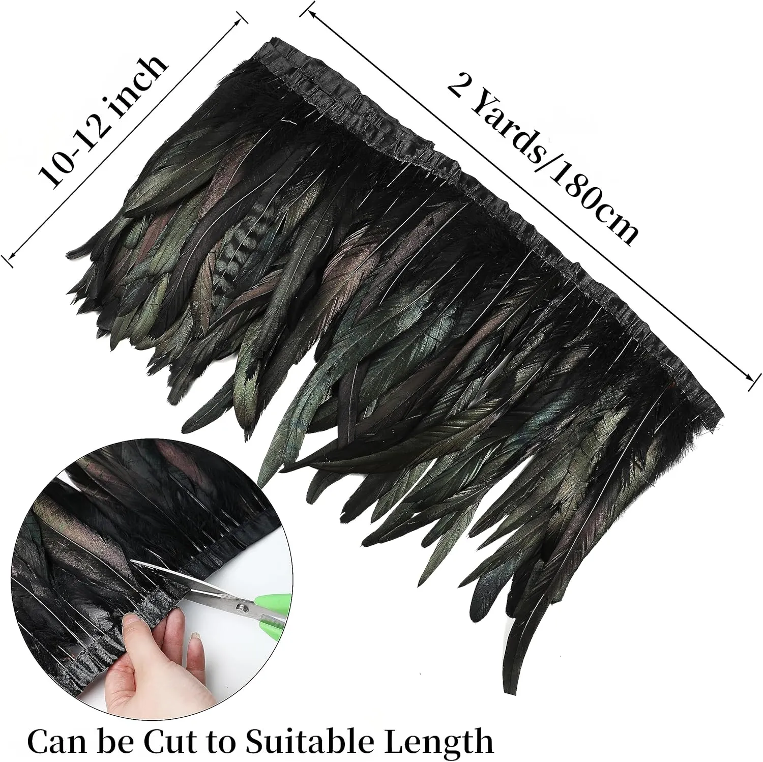 Holmgren Black Rooster Feather Trim - 10-12inch 2 Yards Natural Large Rooster Tail Feathers Fringe Trim for DIY Sewing Crafts, Feather Dress, Cape Shawl, Wings, Halloween Costumes Decoration (Black)