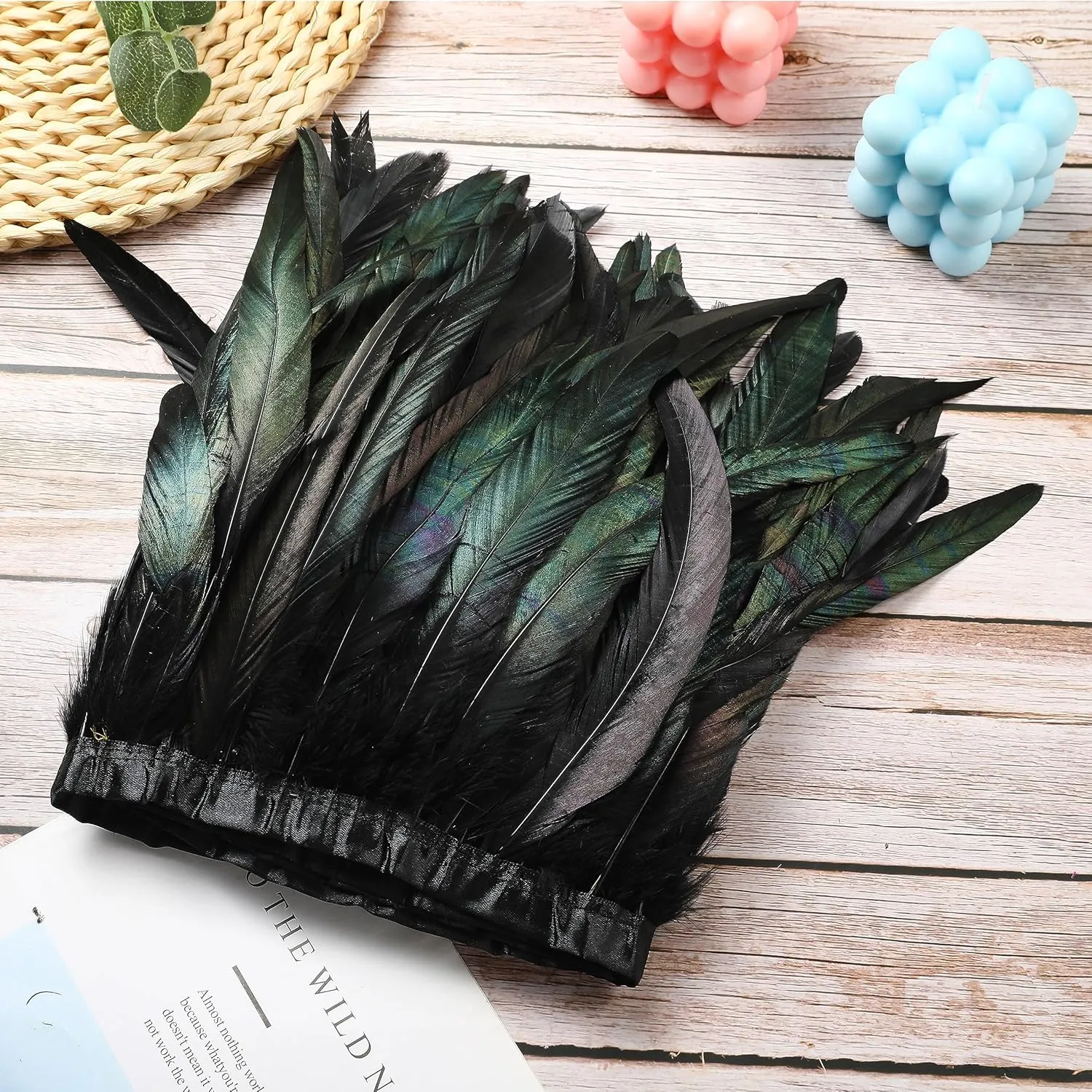 Holmgren Black Rooster Feather Trim - 10-12inch 2 Yards Natural Large Rooster Tail Feathers Fringe Trim for DIY Sewing Crafts, Feather Dress, Cape Shawl, Wings, Halloween Costumes Decoration (Black)