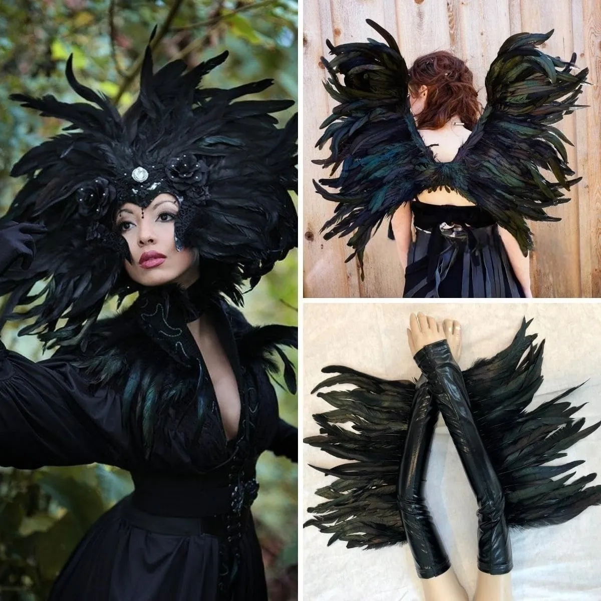 Holmgren Black Rooster Feather Trim - 10-12inch 2 Yards Natural Large Rooster Tail Feathers Fringe Trim for DIY Sewing Crafts, Feather Dress, Cape Shawl, Wings, Halloween Costumes Decoration (Black)