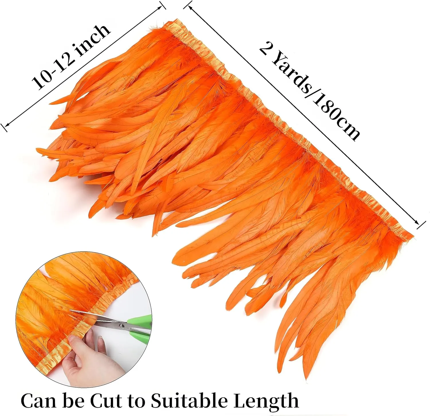 Holmgren Orange Rooster Feather Trim - 10-12inch 2 Yards Natural Rooster Tail Feathers Fringe Trim for DIY Sewing Crafts, Feather Cape Shawl, Cosplay Costumes Decoration (Orange)