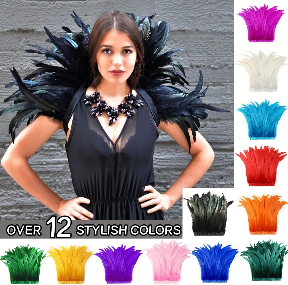 Holmgren Orange Rooster Feather Trim - 10-12inch 2 Yards Natural Rooster Tail Feathers Fringe Trim for DIY Sewing Crafts, Feather Cape Shawl, Cosplay Costumes Decoration (Orange)