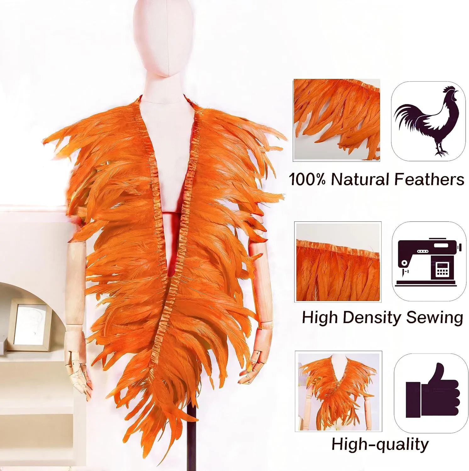 Holmgren Orange Rooster Feather Trim - 10-12inch 2 Yards Natural Rooster Tail Feathers Fringe Trim for DIY Sewing Crafts, Feather Cape Shawl, Cosplay Costumes Decoration (Orange)