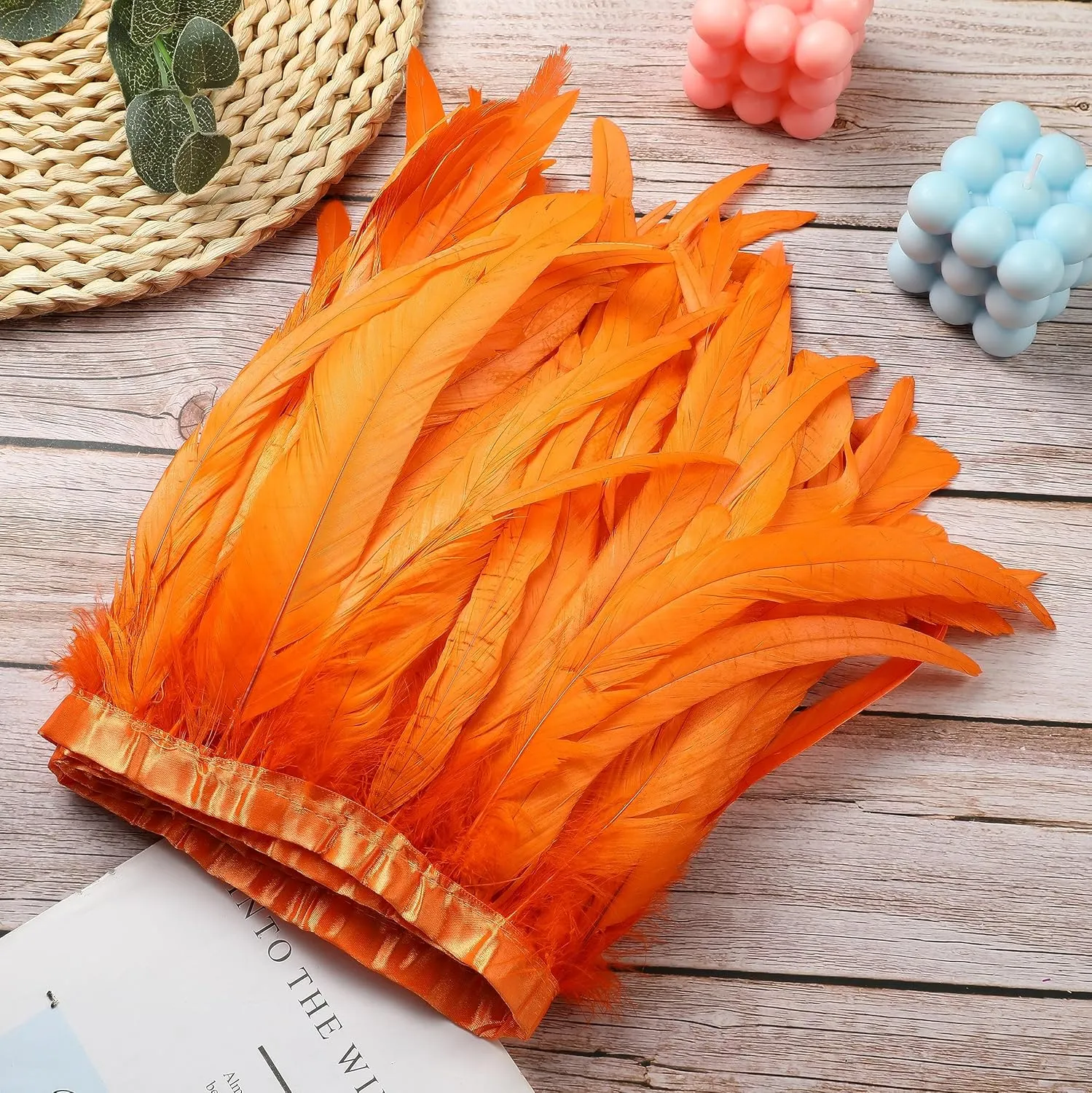 Holmgren Orange Rooster Feather Trim - 10-12inch 2 Yards Natural Rooster Tail Feathers Fringe Trim for DIY Sewing Crafts, Feather Cape Shawl, Cosplay Costumes Decoration (Orange)