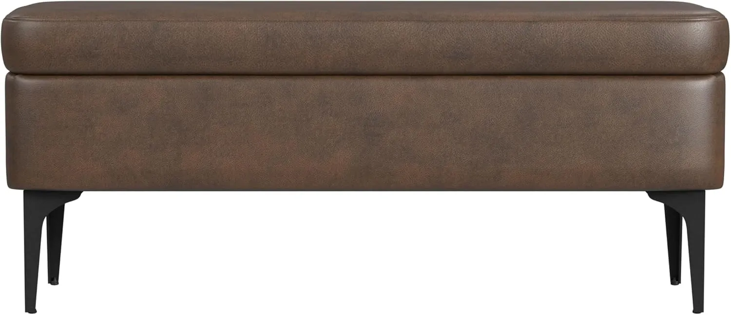 HomePop Upholstered Storage Bench with Metal Leg Home Décor|Bench with Storage for Living Room & Entryway - Brown Faux Leather