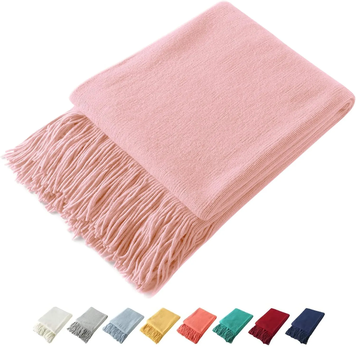 Homiest Decorative Knitted Throw Blanket with Fringe, Lightweight Acrylic Knit, Soft & Cozy Tassel Blanket for Couch, Sofa, Bed (Baby Pink, 50 x 60 Inch)