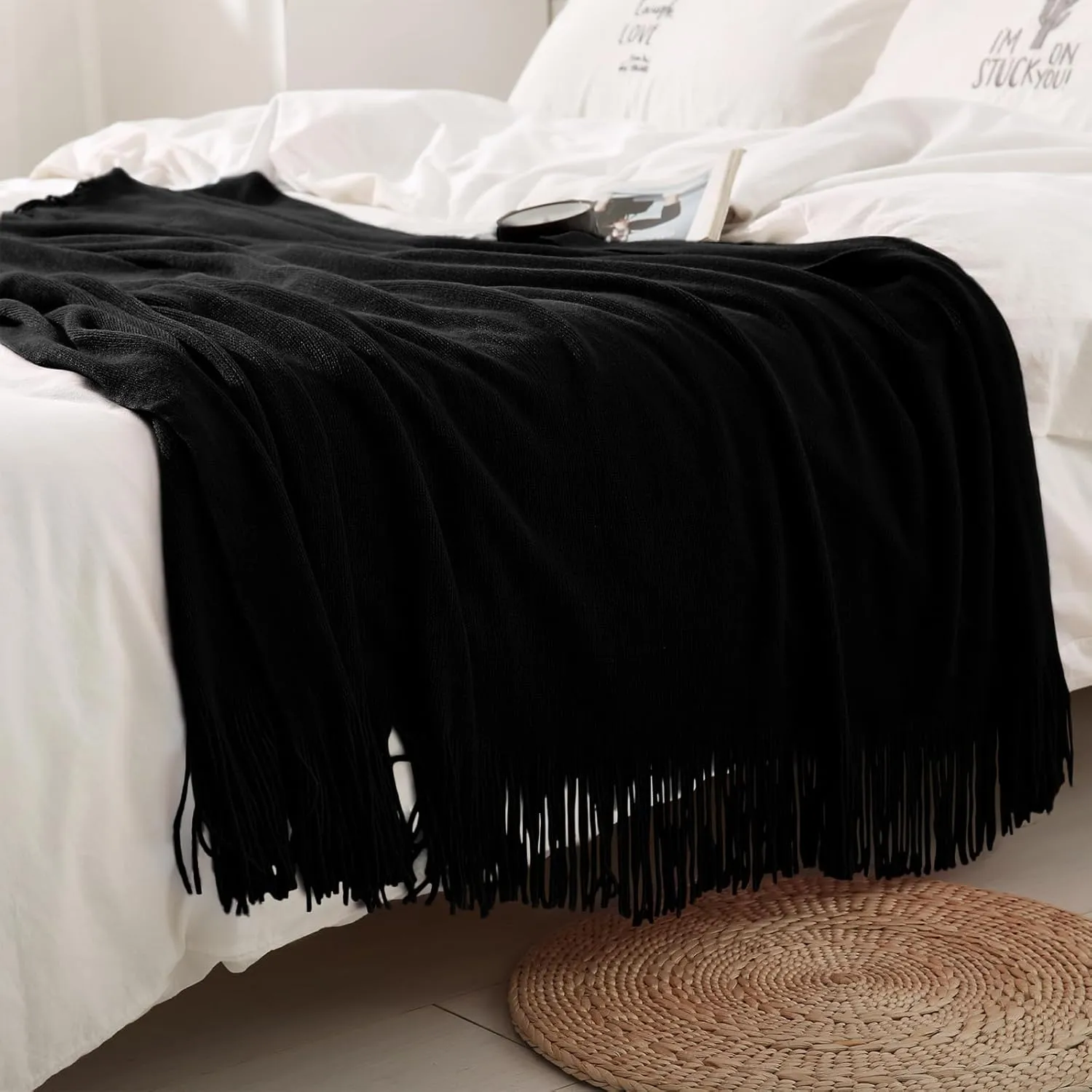 Homiest Decorative Knitted Throw Blanket with Fringe, Lightweight Blanket Acrylic Knit Blanket, Soft & Cozy Tassel Blanket for Couch Sofa Bed (Black, 50 x 60 Inch), bls2405312001