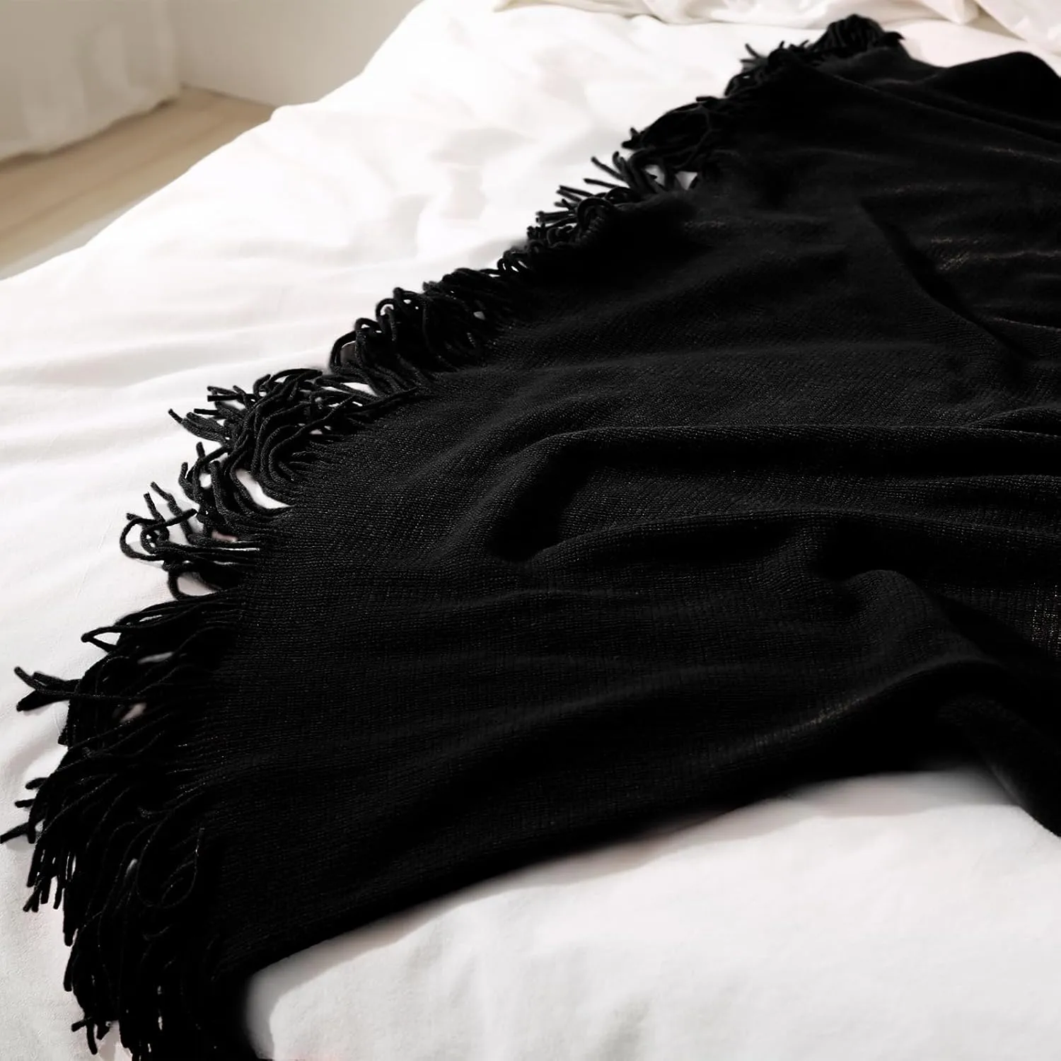 Homiest Decorative Knitted Throw Blanket with Fringe, Lightweight Blanket Acrylic Knit Blanket, Soft & Cozy Tassel Blanket for Couch Sofa Bed (Black, 50 x 60 Inch), bls2405312001
